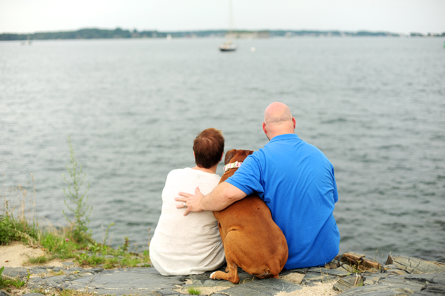 couple with their dog in portland, maine