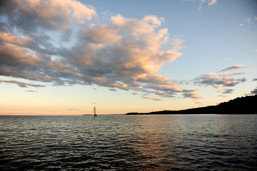 camden, maine harbor at sunset