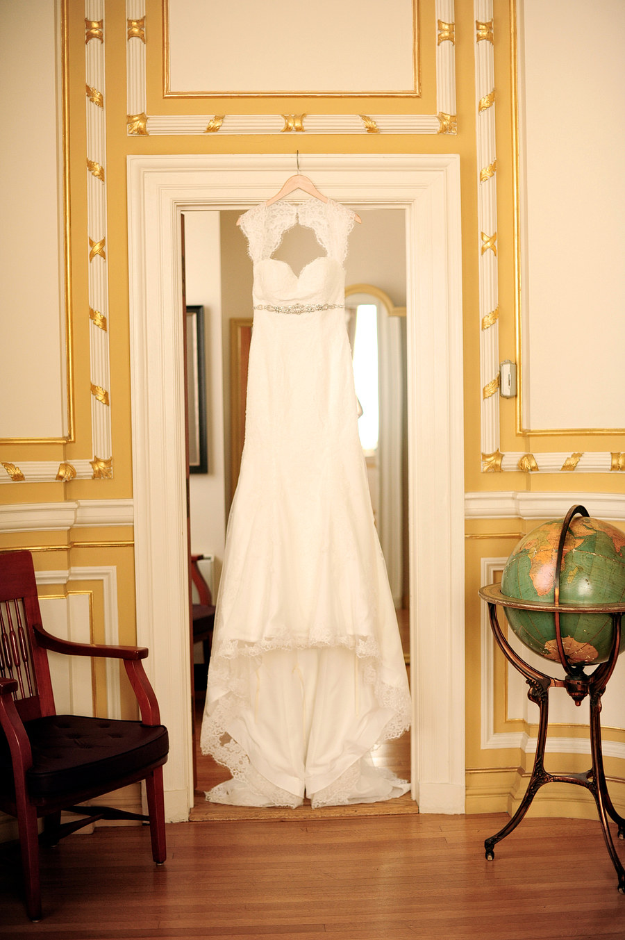 bride's wedding dress hanging