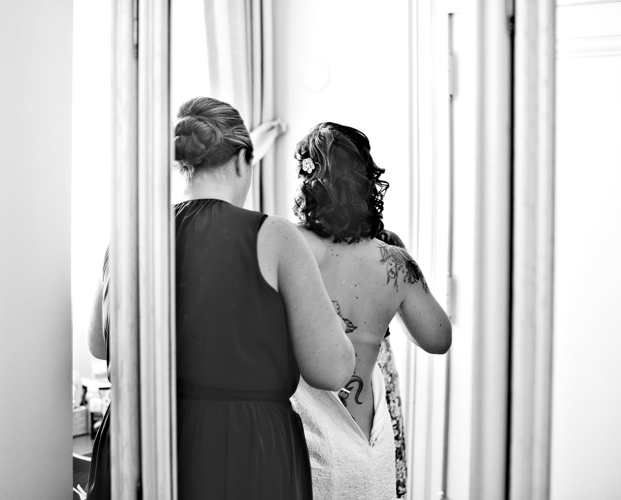 tattooed bride getting ready
