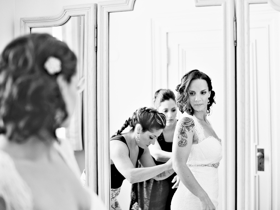 bride getting ready with bridesmaids