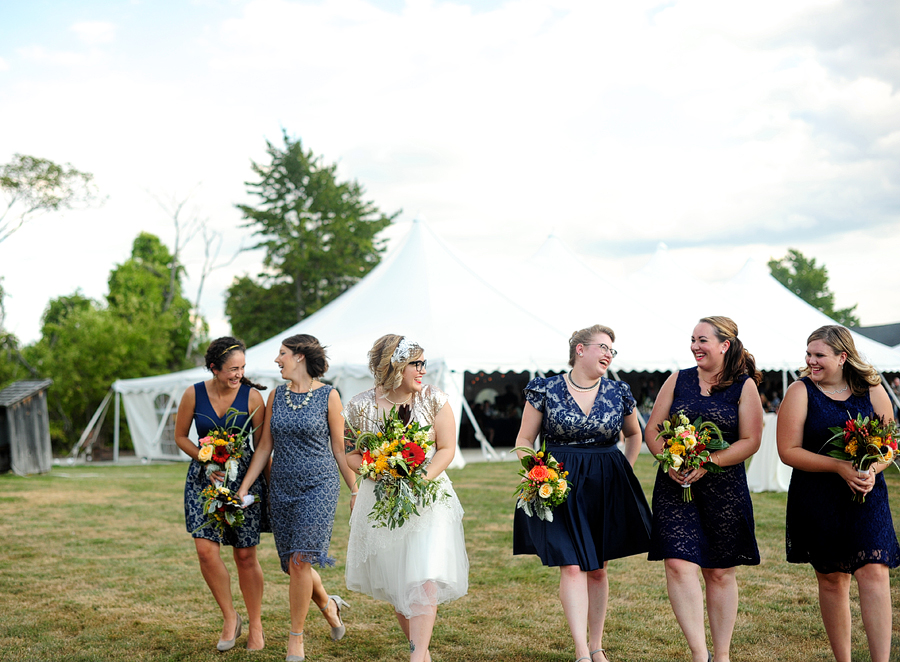 bridesmaids laughing at new england wedding