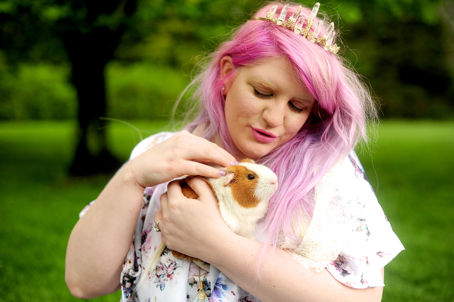 offbeat bride with a guinea pig