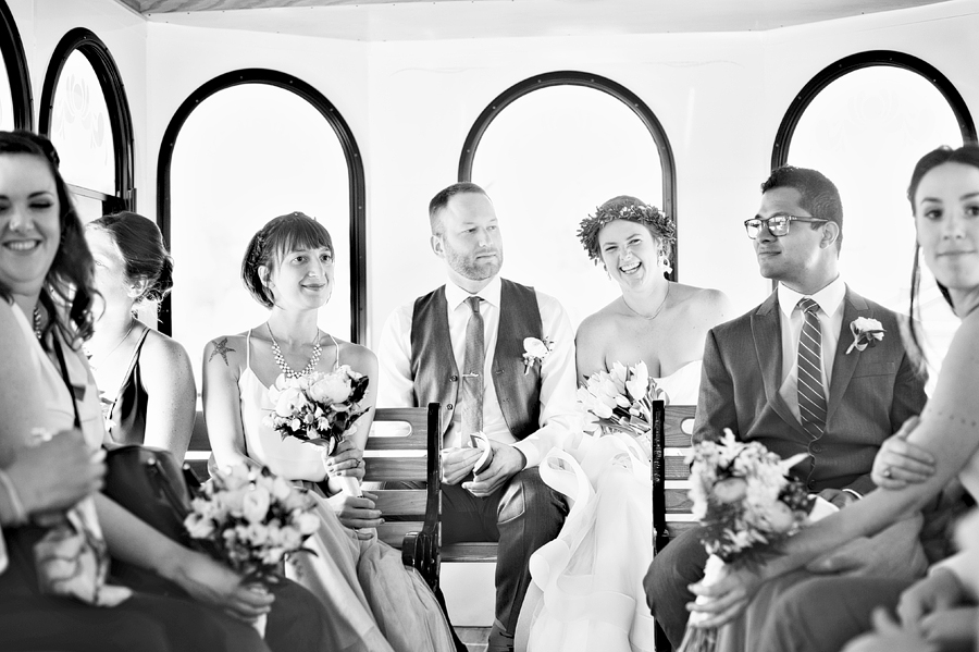 bride and groom on trolley